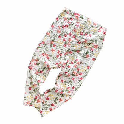Colorful Dainty Flowers on White Leggings and/or Knot Beanie