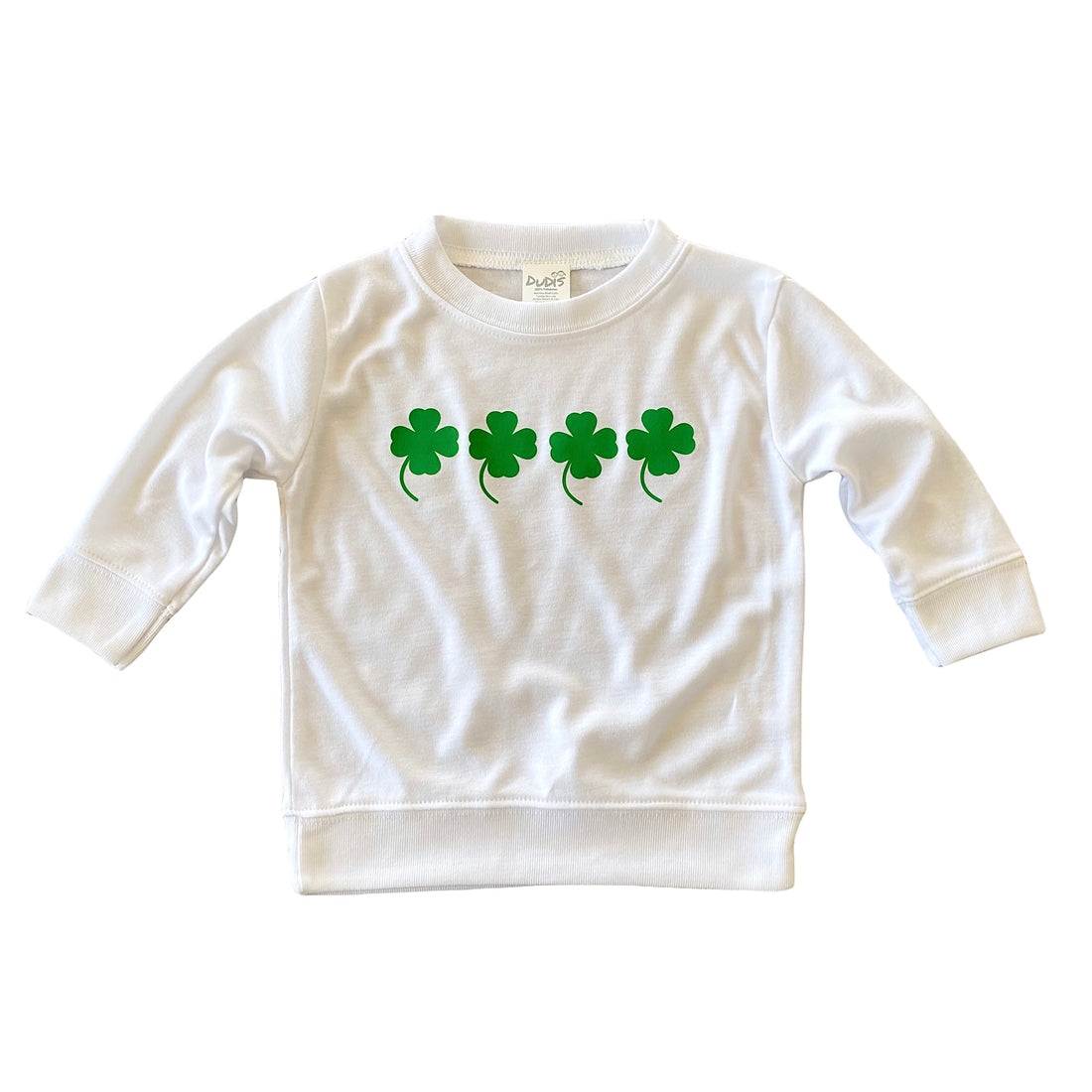 White baby and toddler shamrock sweatshirt featuring four green lucky clovers. This St. Patrick’s Day pullover is perfect for festive outfits, Irish celebrations, and casual wear. Soft, breathable fabric makes it a cozy and stylish choice for little ones. Sizes newborn to 4T available.