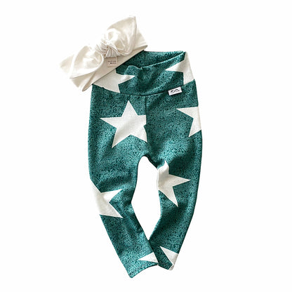 White Stars on Myrtle Pebble Mix and Match Leggings with White Headband