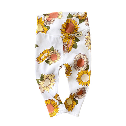 Retro Sunflowers on White Leggings and/or Headbands