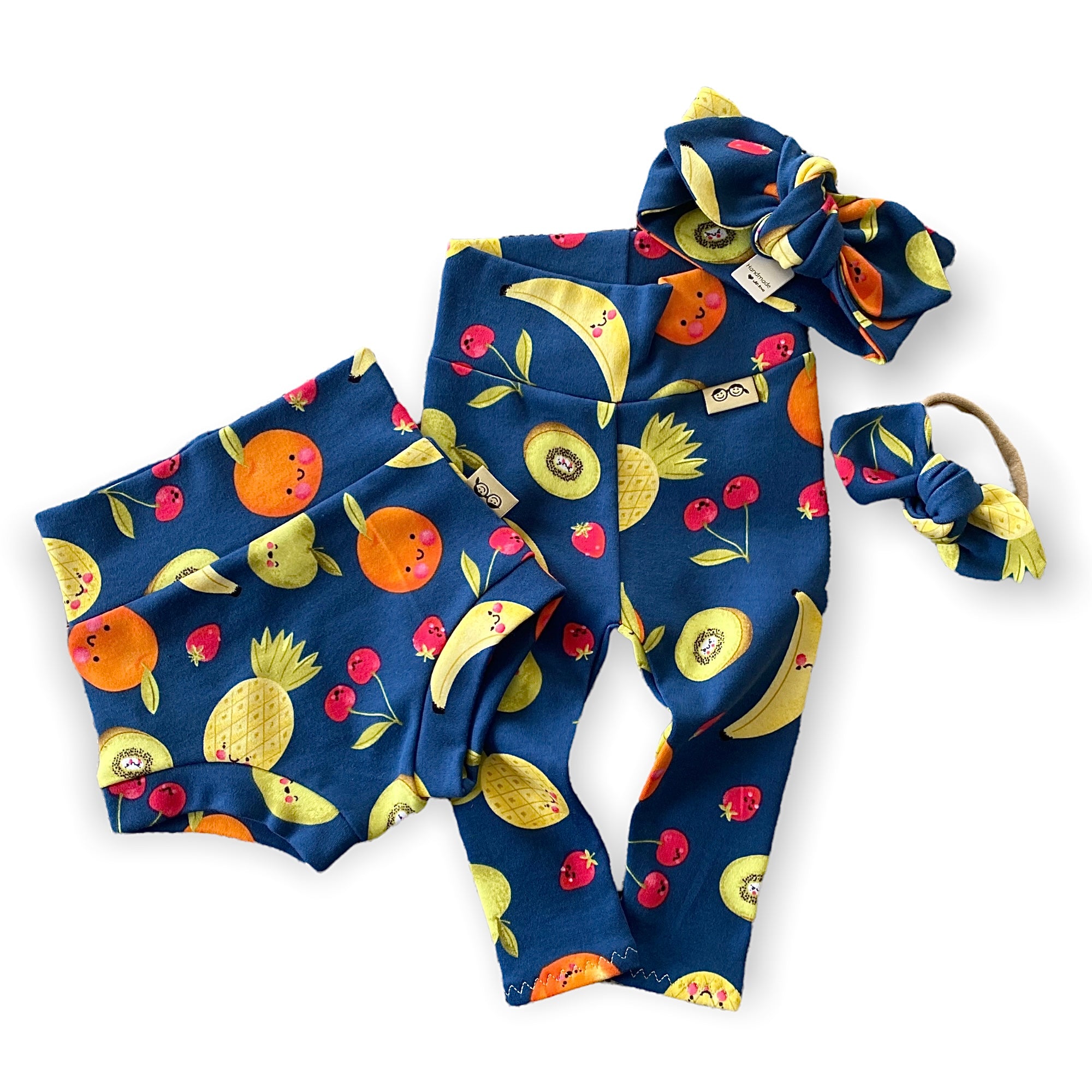 Fun Fruits on Blue Leggings and/or Headbands