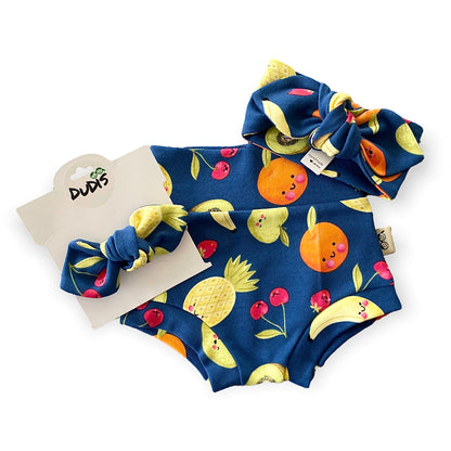 Fun Fruits on Blue Bummies and/or Headbands