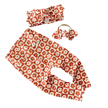 Orange and Ivory Checkered Florals Leggings and/or Headbands