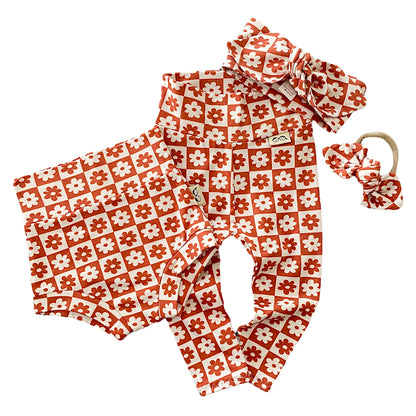 Orange and Ivory Checkered Florals Leggings and/or Headbands