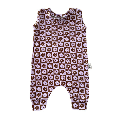 Purple and White Checkered Florals Harem Romper