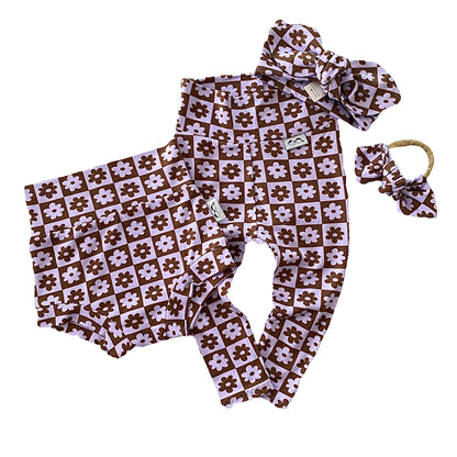 Purple and White Checkered Florals Bummies and/or Headbands