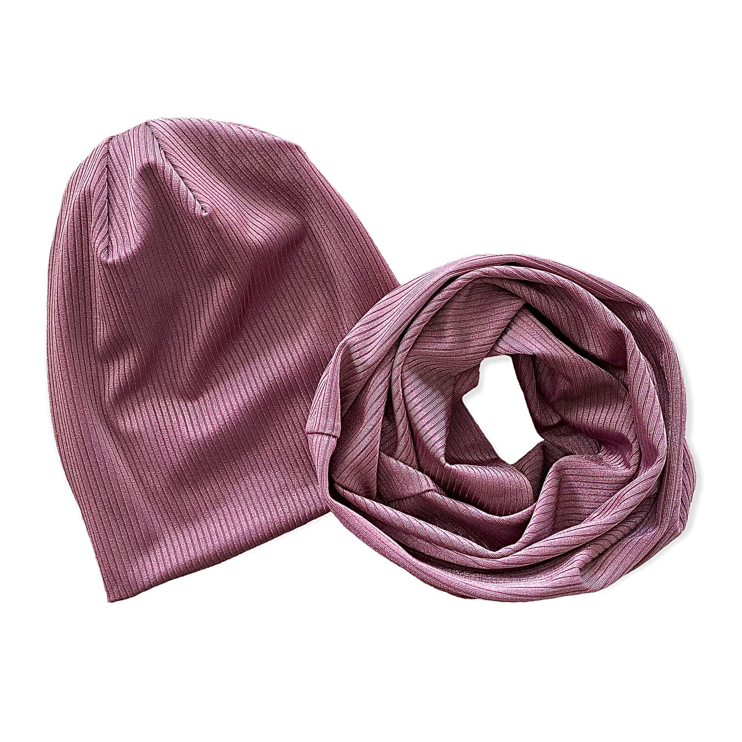 Dusty Orchid Shiny Ribbed Slouchy Beanie and Infinity Scarf