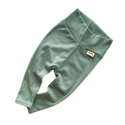 Flat-lay of the ribbed pants from the Sea Spray Lounge Set in a beautiful green shade, featuring a soft waistband for extra comfort.