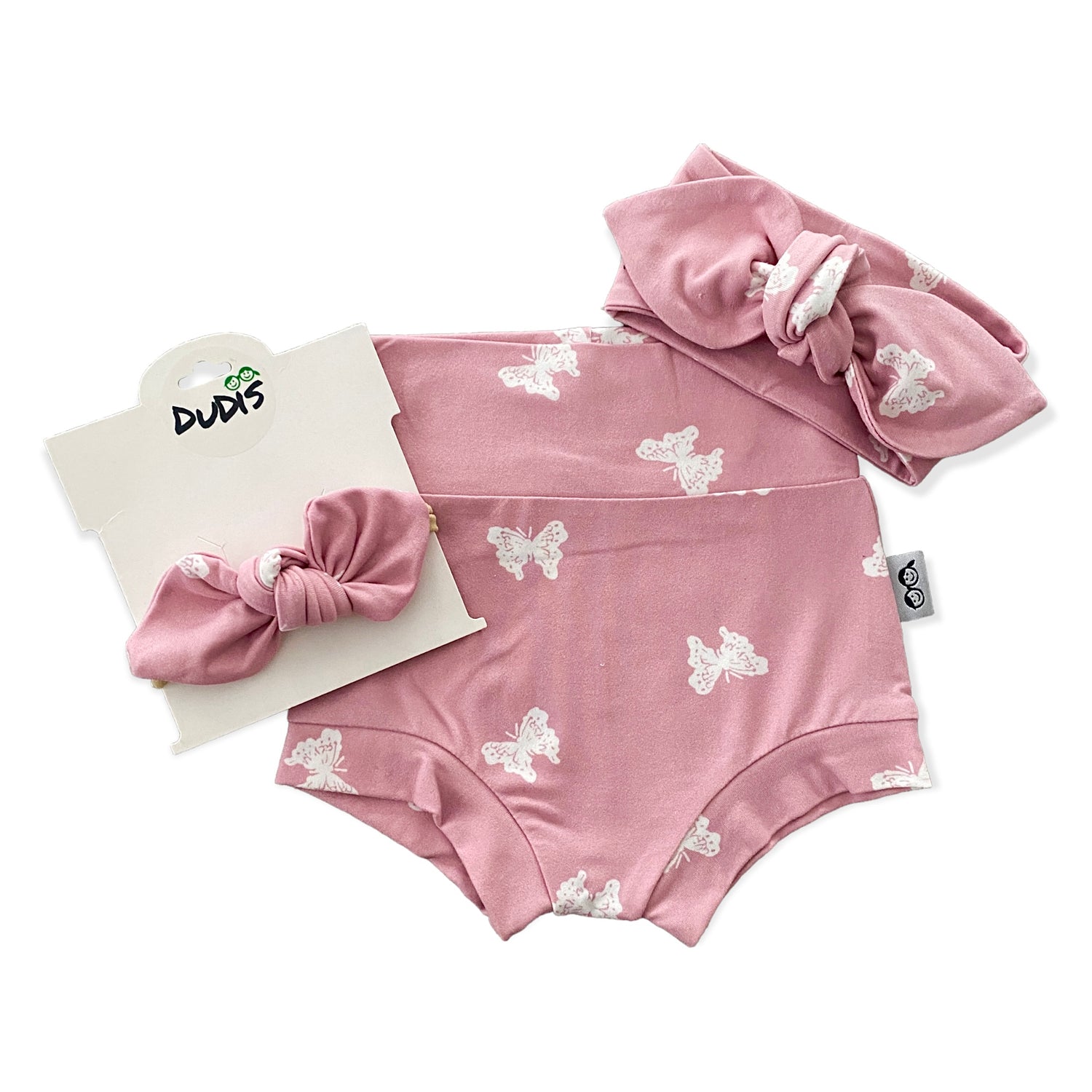 White Butterflies on Dusty Pink Bummies and/or Headbands