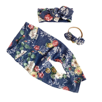 Floral on Heather Navy Leggings and/or Headbands