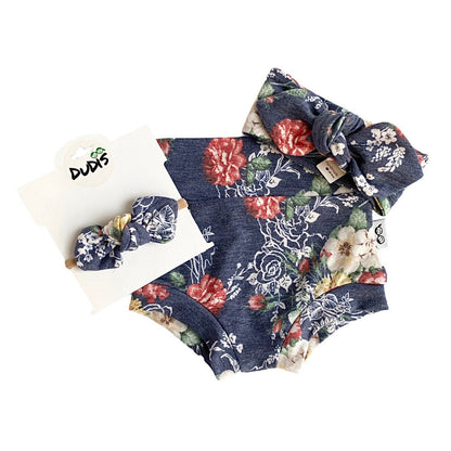 Floral on Heather Navy Bummies and/or Headbands