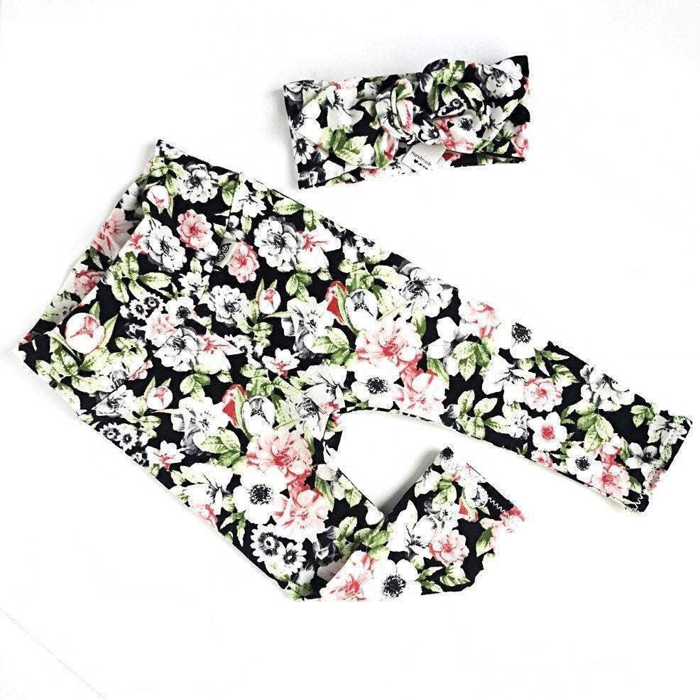 Floral on Black Leggings and/or Headbands