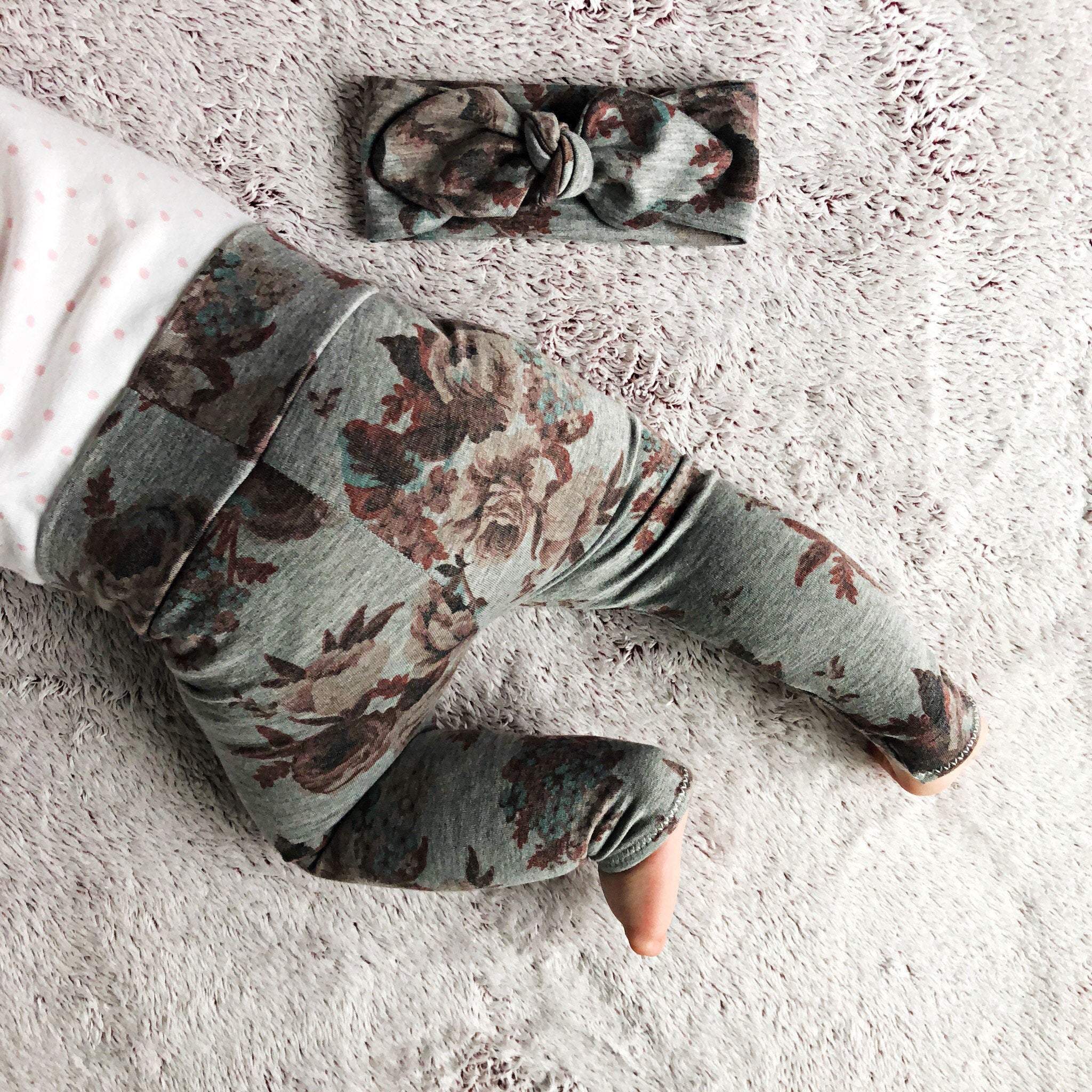 Floral on Heather Gray Leggings and/or Headbands