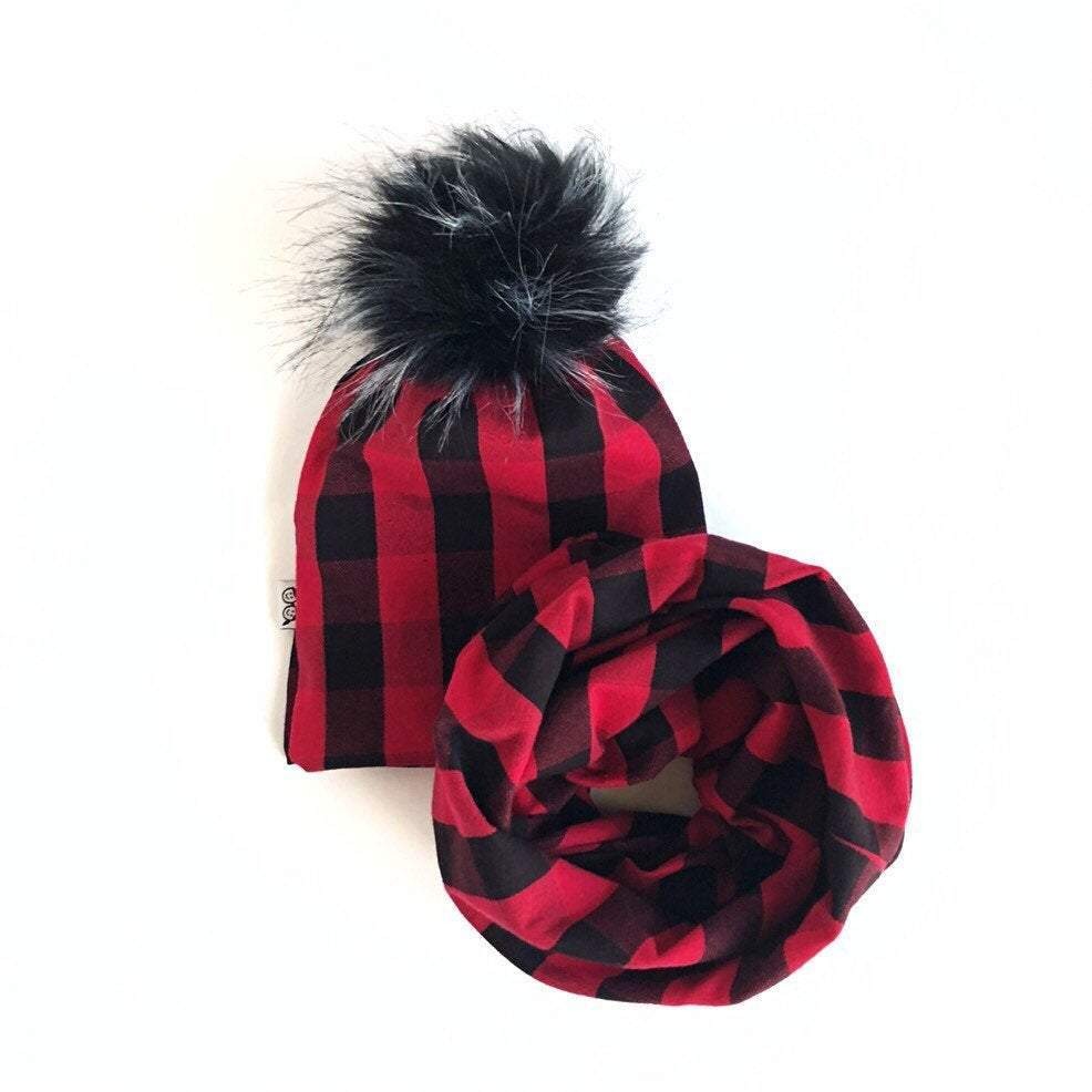 Red Buffalo Plaid Faux Fur Pom Pom Hat and/or Infinity Scarf