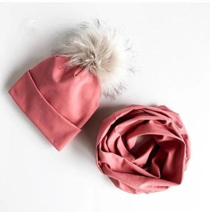 Coral Pink Faux Fur Pom Pom Hat and Infinity Scarf