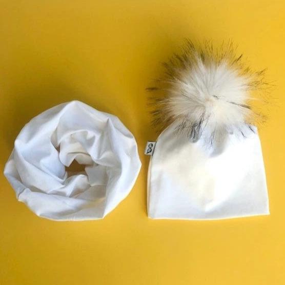 White Faux Fur Pom Pom Hat and Infinity Scarf