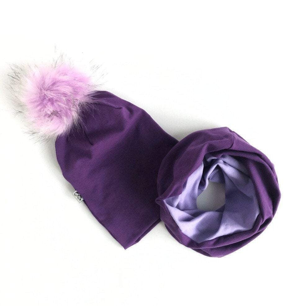 Purple Faux Fur Pom Pom Hat and Infinity Scarf