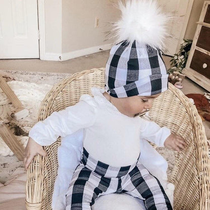 Black and White Plaid Faux Fur Pom Pom Hat and Infinity Scarf