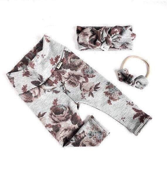 Floral on Heather Gray Leggings and/or Headbands