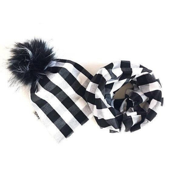 Black and White Plaid Faux Fur Pom Pom Hat and Infinity Scarf