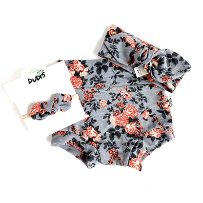 Coral Flowers on Grey Bummies and/or Headbands