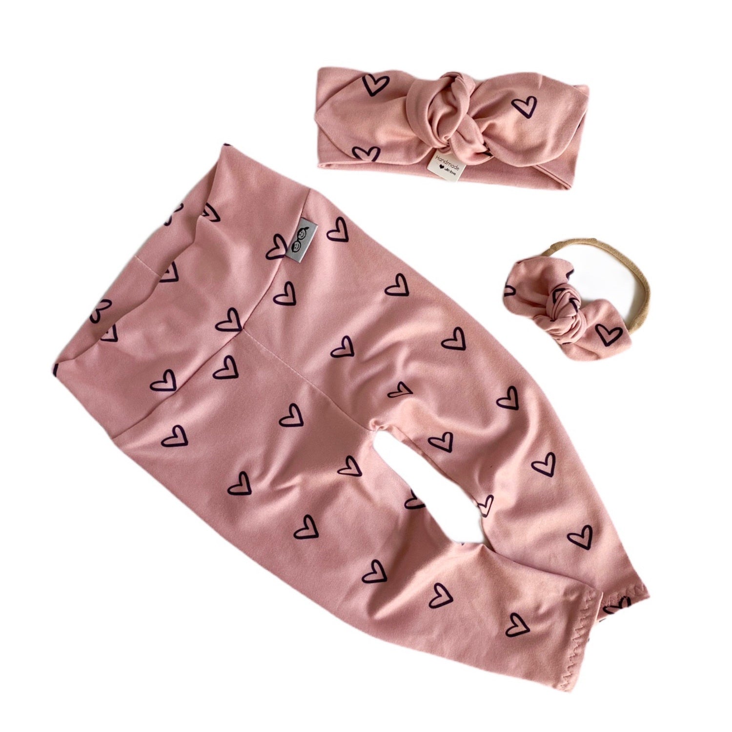 Black Hearts on Dusty Pink Leggings and/or Headbands