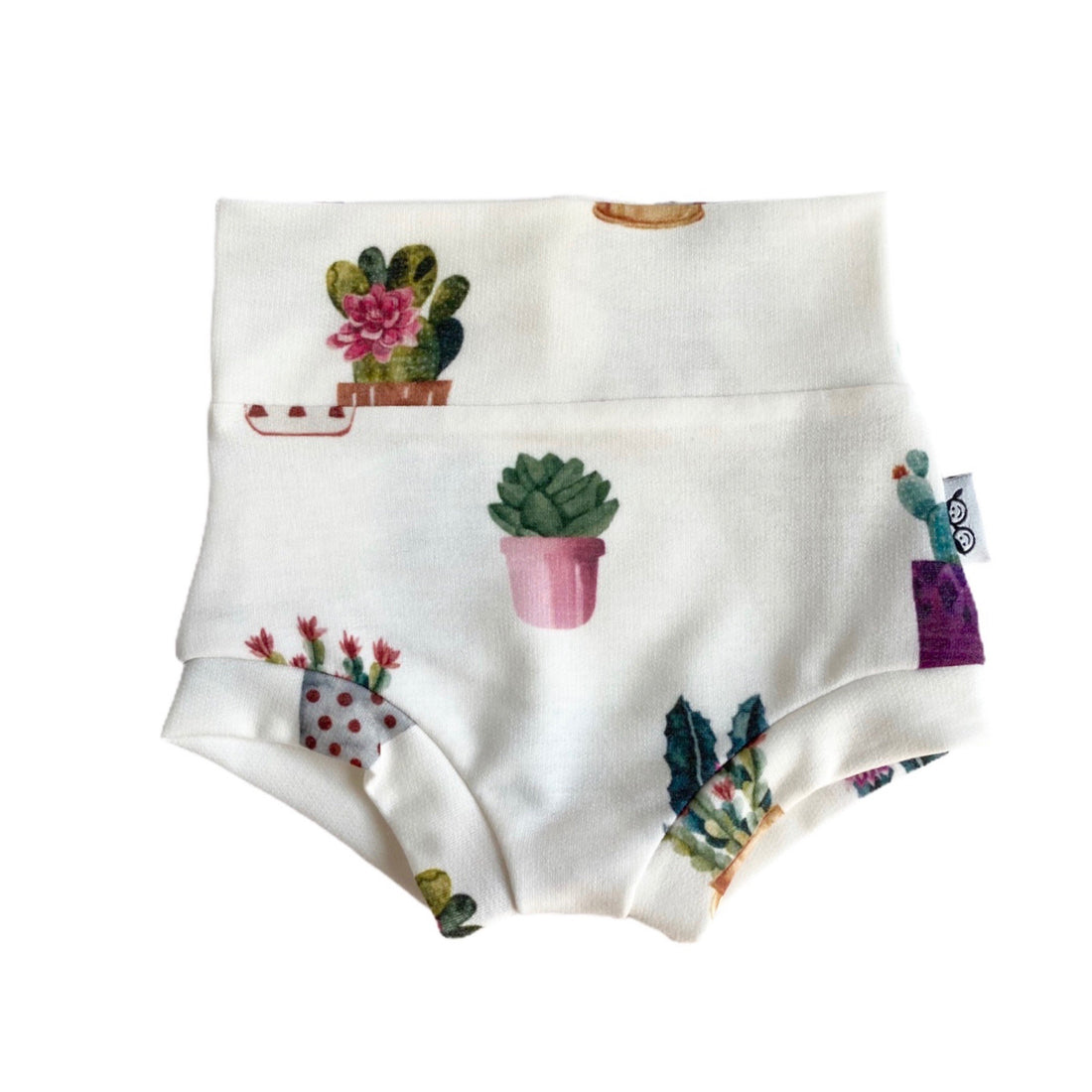 Baby bummies with cactus pot print on a white background, soft and stylish for all-day comfort.