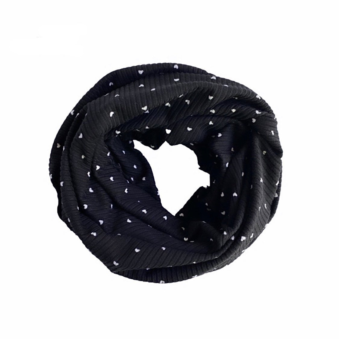 Petite Heart Black Ribbed Faux Fur Pom Pom Hat and Infinity Scarf