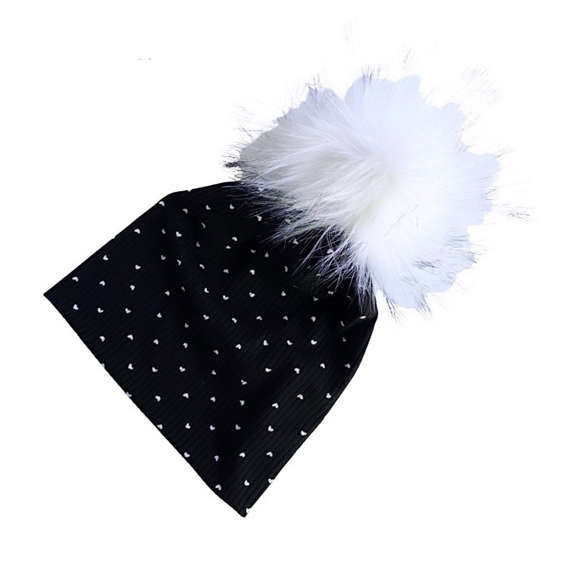 Petite Heart Black Ribbed Faux Fur Pom Pom Hat and Infinity Scarf