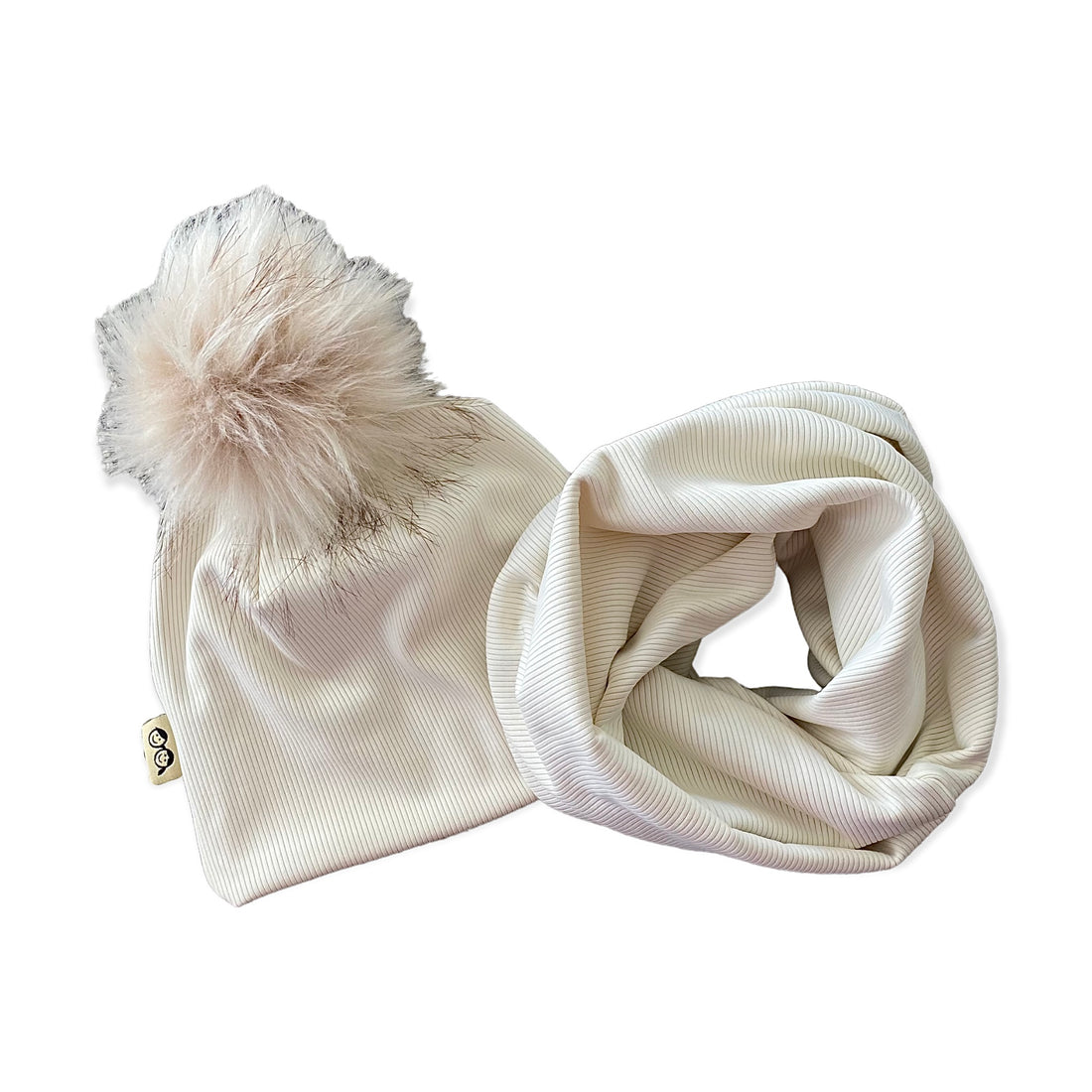 Cream Ribbed Faux Fur Pom Pom Hat and Infinity Scarf