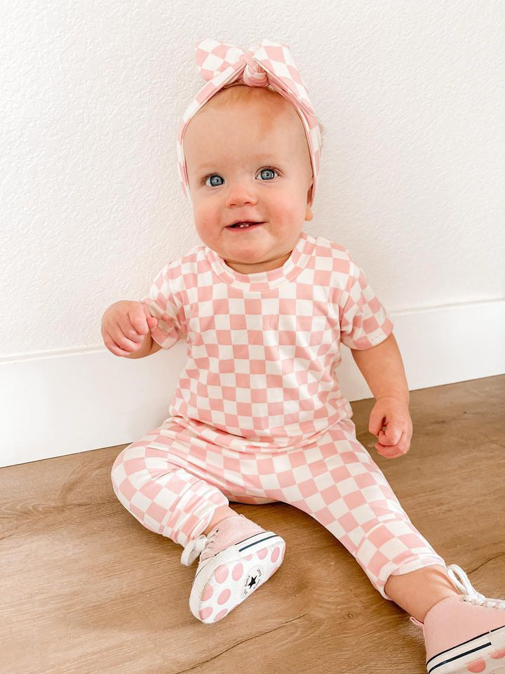 Baby Girl in Pink Retro Checkered Harem Romper